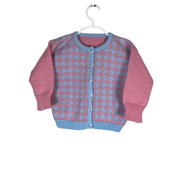Vintage Houndstooth Hand Knit Baby Sweater Pink Cardigan Preppy Retro Two Tone - Picture 1 of 9